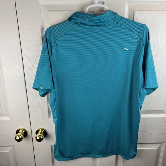 Men's KJUS Short Sleeve Striped Polo Shirt Green Blue Size XL - Picture 4 of 4